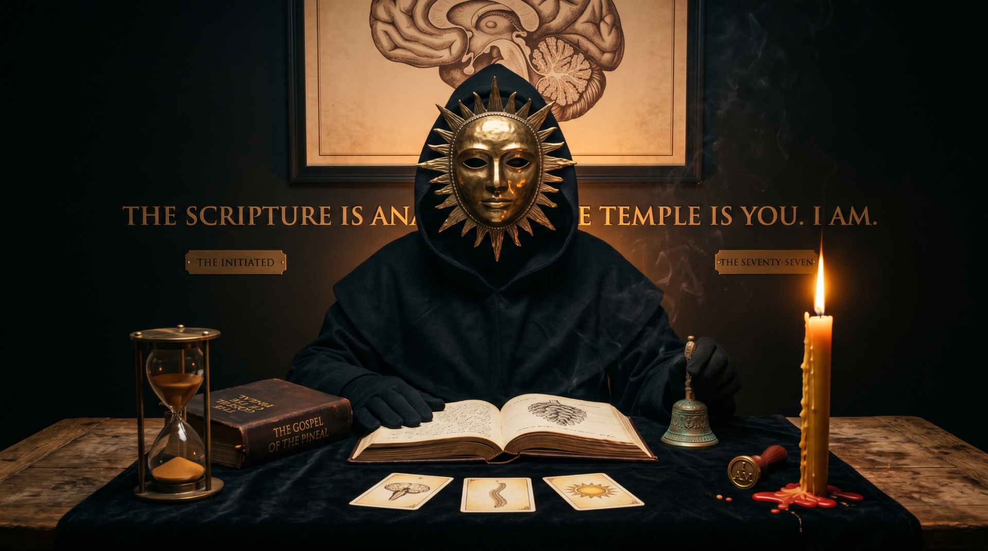I AM masked at the writing table with The Gospel of The Pineal